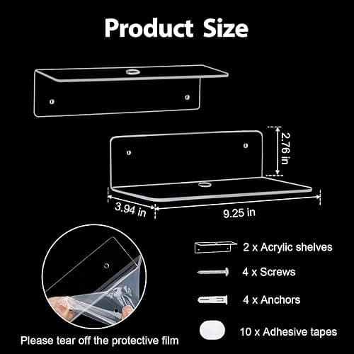 luium 9 Inch Clear Acrylic Floating Shelf, No Drill Adhesive Wall Shelf Set of 2 for Storage, Floating Shelves Damage-Free Expand Wall Space for Living Room, Office, Gaming Room, Bathroom thumbnail 3