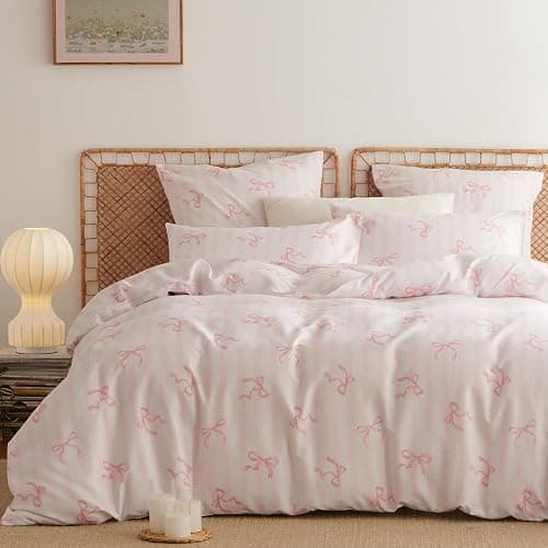 Lanqinglv Double Duvet Cover Bedding Set Bow Striped Printed, Super Soft Microfibre Double Duvet Set Cosy Stylish Pink Duvet Cover with 2 Pillowcases, Birthday Gifts for Women Girls thumbnail 3