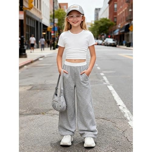 Voxikodex 7-14 Years Girls Sizes 2 Piece Casual Set Ruched Short Sleeve Fitted Waist-Cinched Top & Wide Leg Pants thumbnail 6