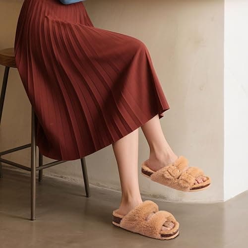 KIDMI Fuzzy Slippers Women with Cork Footbed Fluffy Slides Open Toe Indoor House Shoes | Arch Support | Adjustable Buckles thumbnail 2