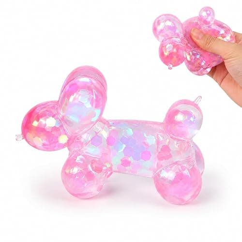 Glitter Balloon Dog Squishy Toy – Slow Rising Stress Relief Fidget Toy, Soft Sensory Toy for Adults, Anxiety Relief, Cute Squeeze Decompression Fun (Pink) - Image 1