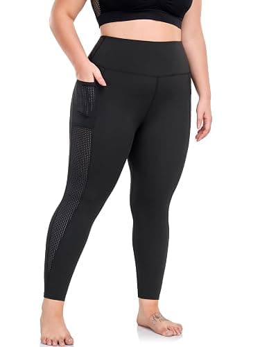 MEJING Plus Size Leggings for Women with Pockets Stretchy, L-5XL Tummy Control High Waist Workout Black Mesh Yoga Pants thumbnail 5