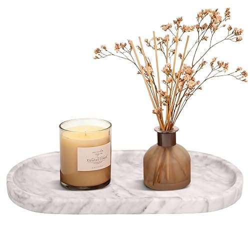 YKAJO Marble Tray 11.6"x5.9" White Gray Vanity Decorative for Countertop Catchall for Perfume Candles Jewelry Dish Perfume Trays for Vanity Bathroom Decorative Tray for Kitchen Counter - Image 1