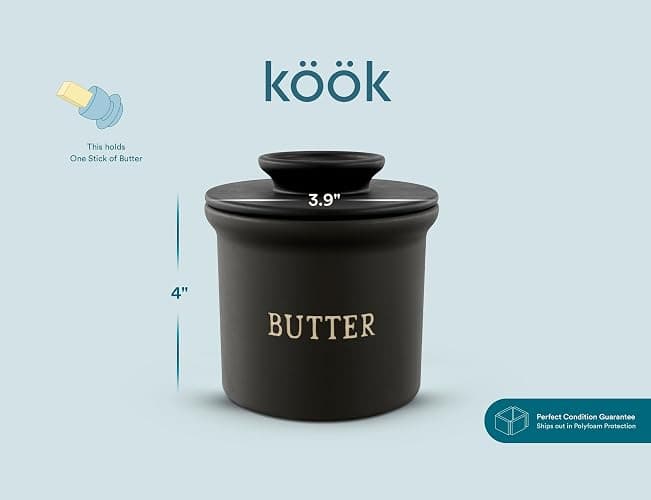 Kook Butter Crock with Lid, Soft Spreadable Butter, Ceramic French Butter Keeper to Leave On Counter with Water Line, Butter Dish, Home and Kitchen Decor, Perfect for Christmas Gift (Black) thumbnail 3