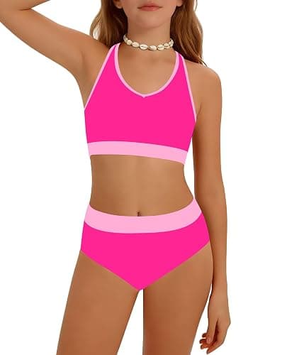 Girls Swimsuit Color-Block High Waist Sporty Sets Girls Two Piece Bathing Suit with Chest Pad Swimwear 7-16T - Image 1