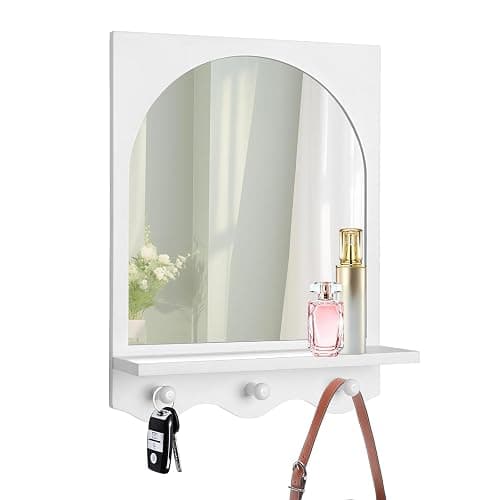 SANY DAYO HOME White 16"x12" Wood Framed Arched Mirror with Shelf and 3 Hooks, Wall Mounted Decorative Real Glass Hanging Mirror for Entryway, Bathroom, Bedroom, Laundry Room - Image 1