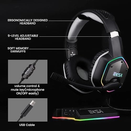 EKSA E1000 USB Gaming Headset for PC, Computer Headphones with Microphone/Mic Noise Cancelling, 7.1 Surround Sound, RGB Light - Wired Headphones for PS4, PS5 Console, Laptop, Call Center thumbnail 9
