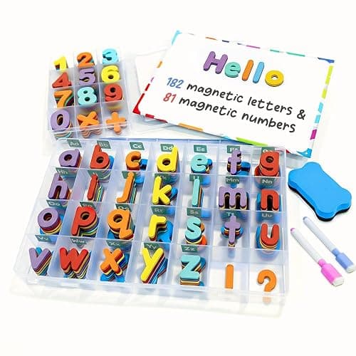 Magnetic Letters and Numbers for Children – The Complete Set: 182 Letters and 81 Numbers & Symbols – Thick Foam Fridge Magnets for Kids - Includes 2 Storage Boxes, Magnetic Board, Pens and Eraser - Image 1