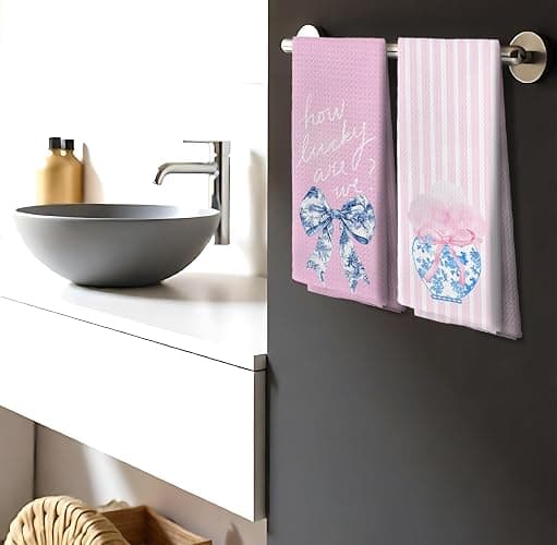Nipil Chinoiserie Coquette Bow Floral Pink Kitchen Towels Decorative Set of 2, Trendy Preppy Blue and White Bow Floral Pink Kitchen Towels for Bathroom, Preppy Coquette Bathroom Decor, 16x24 Inch thumbnail 6