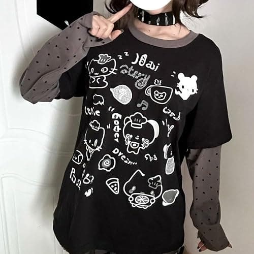 GGOOB Y2k Fake 2 Piece Cute Shirts Women Kawaii Cutecore Graphic Long Sleeve Top Teen Girls 2000s Preppy Aesthetic Clothing thumbnail 3