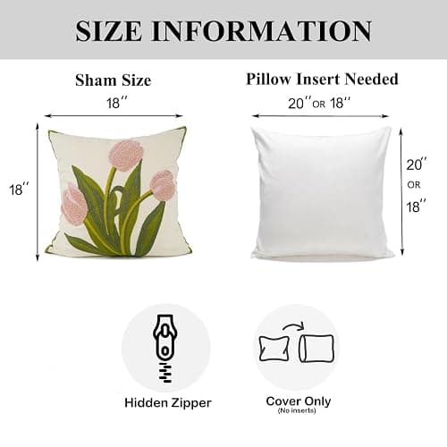 YOUR SMILE Pack of 2 Embroidered Decorative Throw Pillow Cover 18x18 Inch Farmhouse Floral Floor Pillowcase for Couch Living Room Sofa Bed,Pink Tulip thumbnail 3