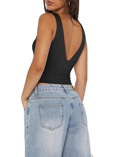 REORIA Women's Sexy Plunge Deep V Neck Sleeveless V Backless Tank Top Workout Yoga Crop Tops thumbnail 2