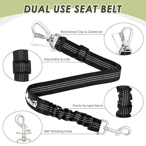 SlowTon Dog Seat Belt Harness for Car, Dog Car Harness Adjustable Mesh Breathable & Dog Seatbelt Safety Tether with Elastic Bungee for Small Medium Large Pets(Black, Double Clip, M) thumbnail 7