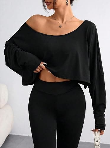 Hilinker Womens Off Shoulder Long Sleeve Crop Tops Sexy Boat Neck Loose Casual T Shirt thumbnail 3