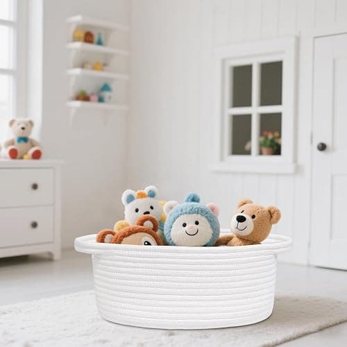 ABenkle Small Basket with Handles, Boho Decorative Rope Woven Dog Cat Toy Storage Bin Shelf Storage Organizer, Easter Christmas Gift Basket, 12"x8"x5", White thumbnail 9