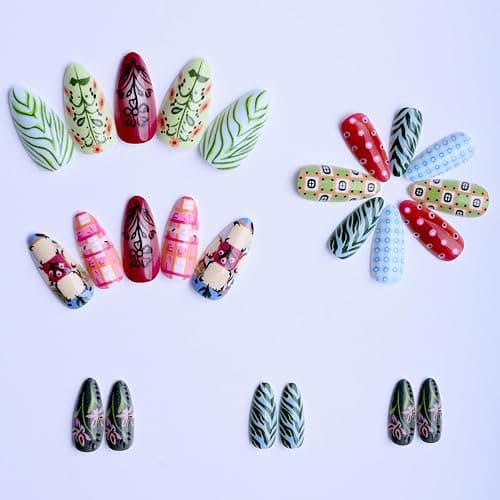 Medium Press on Nails Almond Fake Cute False Nail Fall Artificial Rainforest Charm Colorful Stick on Nails for Women 24pcs thumbnail 4