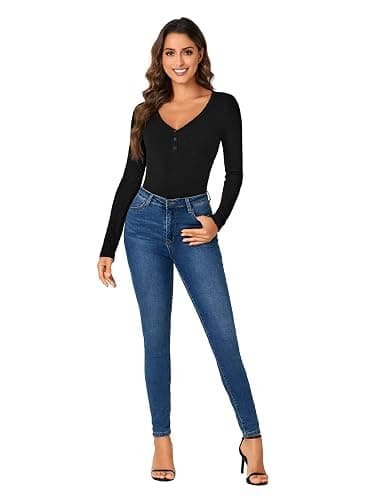 LYANER Women's Henley Shirts Long Sleeve Bodysuit V Neck Button Down Body Suit Leotard Tops thumbnail 6