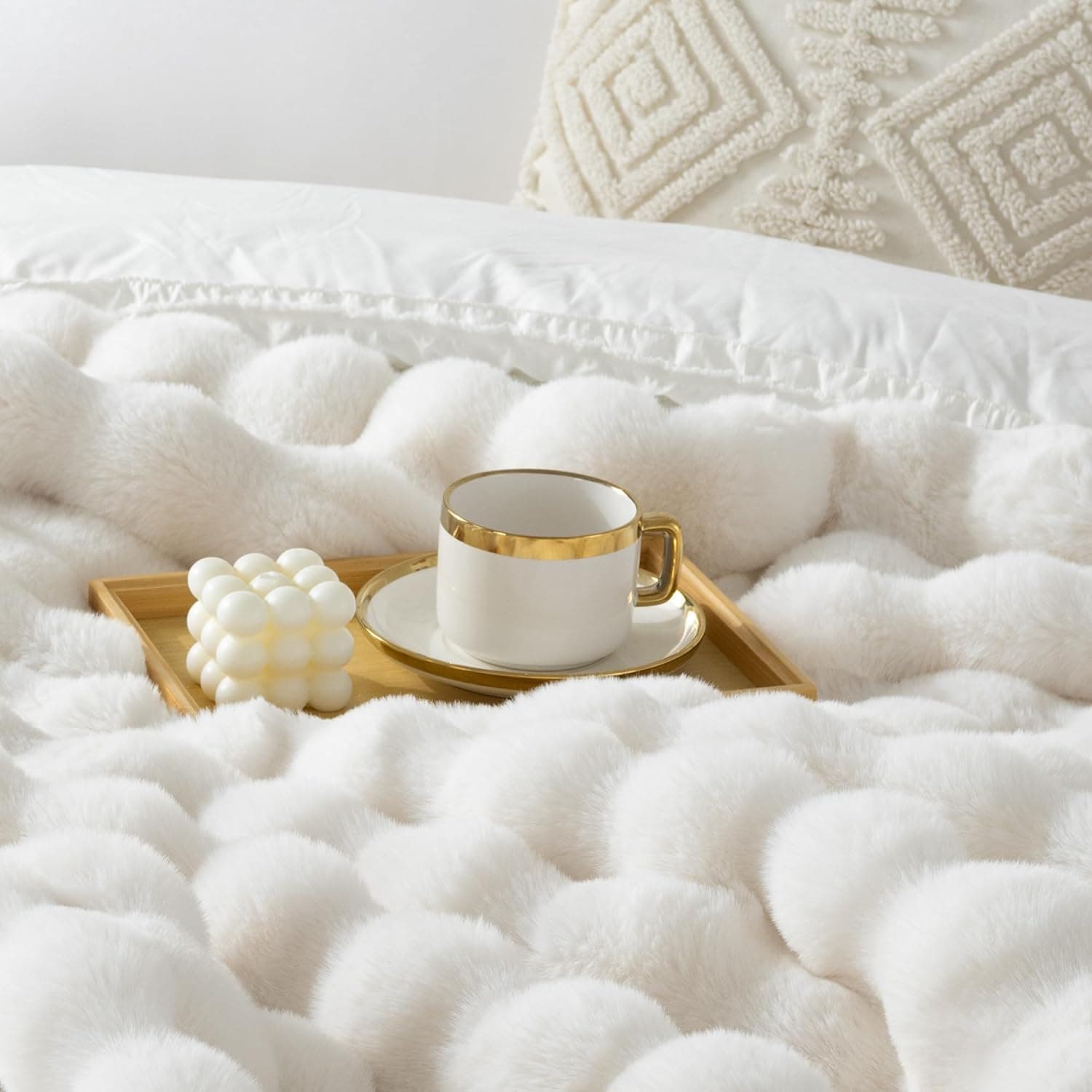 Faux Fur Throw Blanket for Couch,Fluffy Soft Plush Thick Bubble Blanket for Sofa Bedroom Living Room, Cozy Reversible Blankets, White, 150cmx100cm thumbnail 2