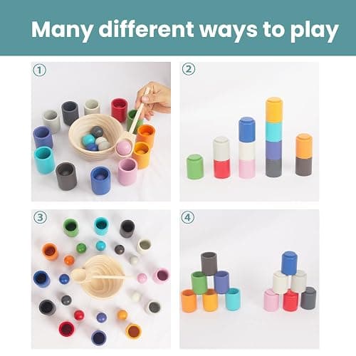 Rainbow Balls in Cups Toddler Montessori Toys for 3 Year Old Up, Kids Preschool Wooden Matching Games for Learning Color Sorting and Counting thumbnail 6