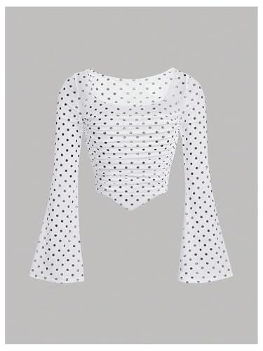 SweatyRocks Girl's Mesh Crop Top Square Neck Ruched Asymmetrical Bell Long Sleeve T Shirt thumbnail 3