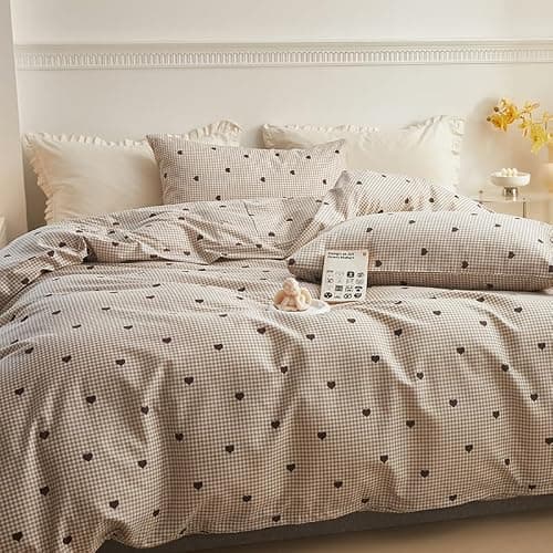 Freyamy Housse de Couette 200x200cm+2 Taie d'oreiller 65x65cm Coeur Plaid Kaki Marron Parure de lit 2 Personnes Adulte Motif du Cœur Sets de Housse Couette en Microfibre avec Fermeture Éclair thumbnail 3