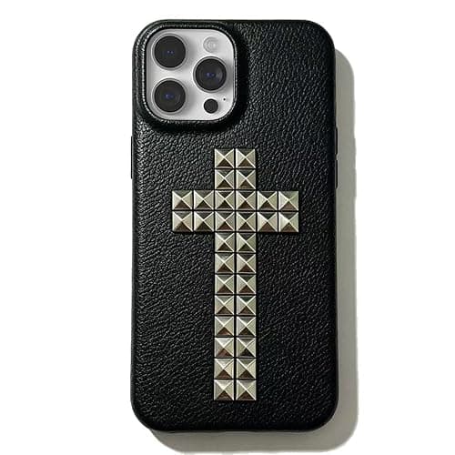 Studded Phone Case Cross Y2K Christian Black Plastic Leather Trendy Slim Shockproof Protective Cover for Women Girls for iPhone 16 - Image 1