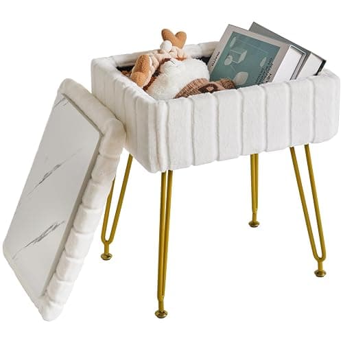 IBUYKE Stool Chair with Storage Space, Footrest Footstool Ottoman, Small Side Table, with 4 Metal Legs, with Anti-Slip Feet, for Makeup Room, Bedroom, Faux Fur, White L/G-50W thumbnail 4