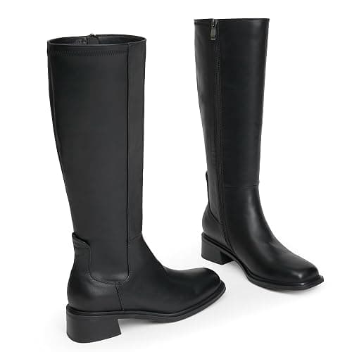 QIY Knee High Boots Women Faux Leather Elastic Boots Low Heel Square Toe Side Zipper Fall Long Tall Boots for Women thumbnail 4