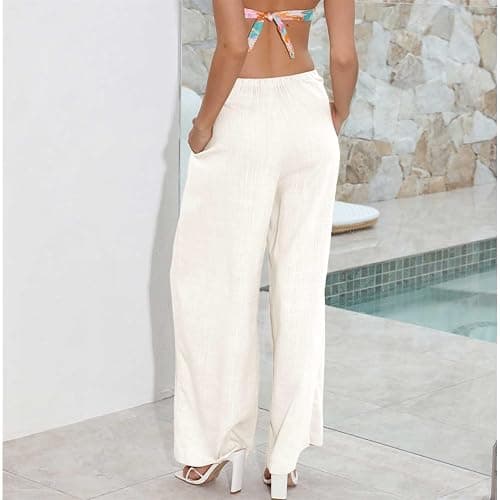 Duyang Womens Cotton Linen Palazzo Pants Drawstring Elastic Waist Casual Wide Leg Trousers with Pockets thumbnail 5