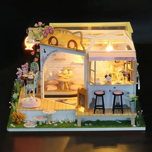 DIY Cat Cafe Puppenhaus Miniatur-Kit Katze Coffee Shop 3D Modellbausätze Holz Puppenhaus Möbel Lichter Zubehör Geburtstag für Kinder Jungen Mädchen thumbnail 4