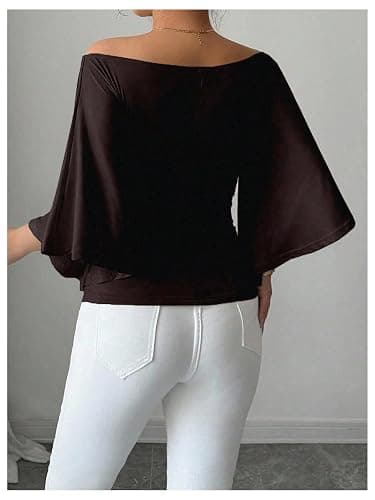 OYOANGLE Women's Batwing Bell Sleeve Tops Off The Shoulder T Shirts | 2026 Trendy, Slim Fitted, 3/4 Sleeves, Fall, Dressy, Casual, Blouses thumbnail 3