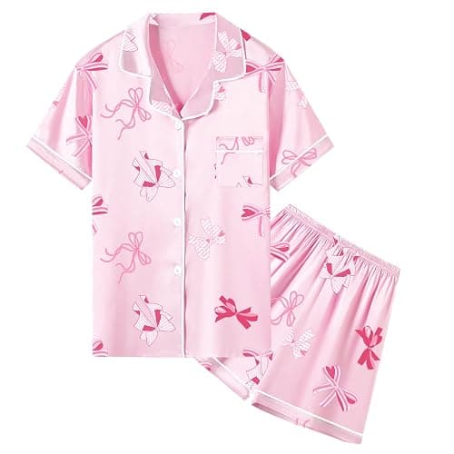 Umeyda Women & Girls Pajamas Set, Soft Satin Lightweight Silk Button-Down Top with Shorts 2 Piece PJS for Mom Boys Kids Gifts - Image 1