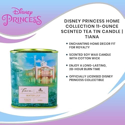 Disney Princess Home Collection Tiana 11-Ounce Scented Tea Tin Candle with Water Lily Aromatic Fragrance | 28-Hour Burn Time | Home Decor Housewarming Essentials, Cute Gifts and Collectibles thumbnail 6