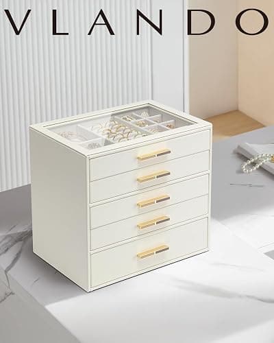 Vlando 5 Layer Jewelry Box for Women, Glass Lid Jewelry Organizer with 5 Drawers for Necklaces Rings Earrings Bracelets - Cloud White thumbnail 4
