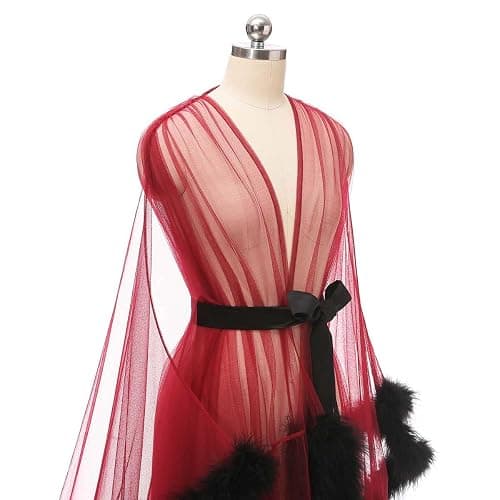 Yexinbridal Tulle Feather Robe Sexy Sheer Mesh Fur Bridal Illusion Boudoir Bathrobe Nightgown Christmas Lingerie thumbnail 4