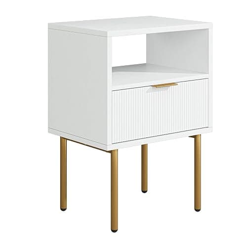 Masupu Nightstand,Mid-Century Modern Bedside Table with Storage Drawer and Open Wood Shelf,Small Gold Frame Side Table for Bedroom,Living Room,White thumbnail 9