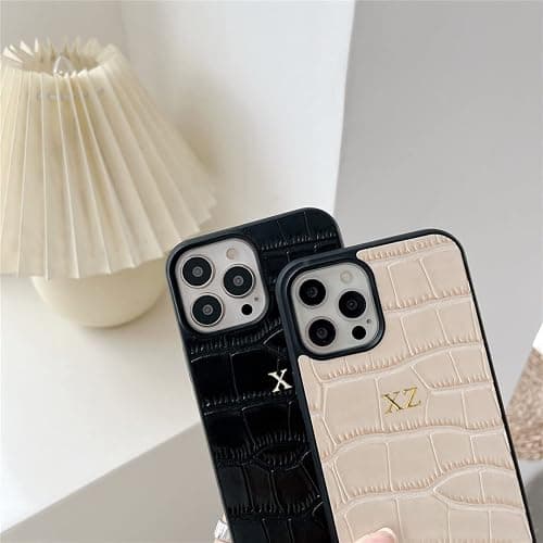 Personalise Gold Silver Initial Letters PU Leather Crocodile Case for iPhone 15 16 17 Pro Max 14 16 17 Pro 14 15 Plus 14 12 13 Pro Max 17 air X Xs Max 11 Pro Max XR Phone Case (Black) thumbnail 4