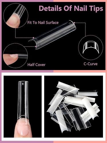 480PCS Extra Long C Curve Nail Tips and Glue, 2 Packs Natural and Clear Acrylic for Nails Professional Set, 12 Sizes Artificial Straight Square French False Nail Tips thumbnail 3