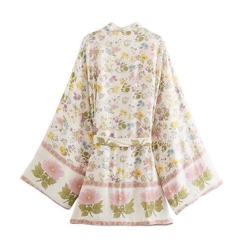 Women Vintage Floral Print Sashes Kimono Bohemian V-Neck Short Beach Bikini Robe Boho Cover-Up thumbnail 2