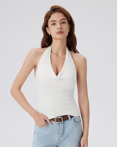 SUUKSESS Women Deep V Built in Bra Cowl Halter Tops Going Out Open Back Tank Tops thumbnail 2