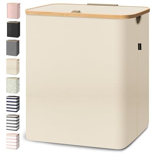 BALEINE Laundry Hamper with Lid, Tall Laundry Baskets with Bamboo Pull Handles, Large Laundry Bin with Internal Support (36 Gal/140L, Beige) - Image 1