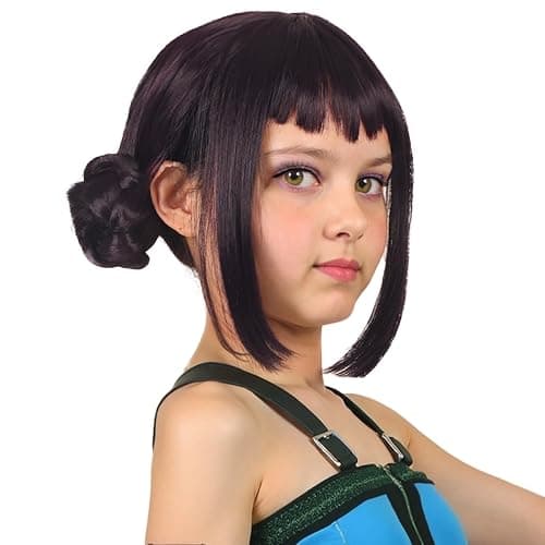 FantaLook Short Black Purple Cosplay Wig with 2 Buns for Halloween Party Costume（Small Size） - Image 1