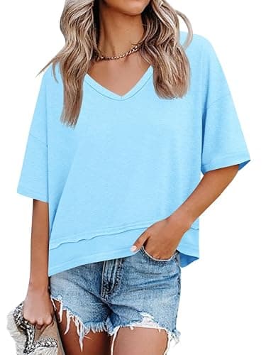 Cicy Bell Womens Summer V Neck T Shirts Casual Short Sleeve Flowy Tops Cute Loose Fit Basic Tees - Image 1