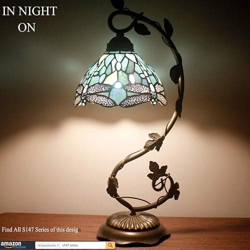 WERFACTORY Tiffany Lamp Sea Blue Stained Glass Dragonfly Style Desk Reading Light, Metal Leaf Table Lamp Base 8X10X21 Inches Decor Small Space Bedside Bedroom Home Office S147 Series thumbnail 3