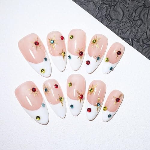 Handmade Medium Almond French Press On Nails,Reusable&Salon Quality(L05, S) | 10Pcs Daily & Party Fake Nails | Easy Apply & Remove | Press Ons with Nude Gradient Cat's Eye,Pearl Bow,Sparkling Rhinestones thumbnail 4