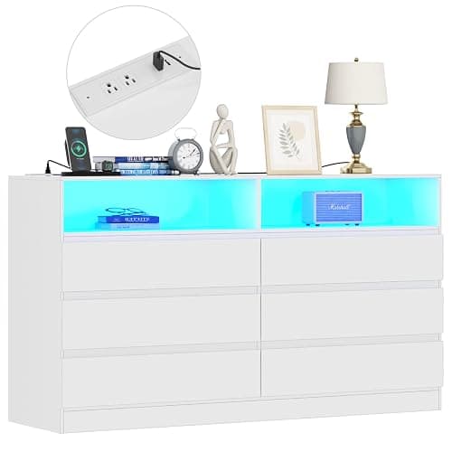 Gyfimoie 6 Drawer Double Dresser with Power Outlet, Accent Chests of Drawers with LED Light, Modern White Storage Dresser with Charging Station (Mirror Not Included) thumbnail 4
