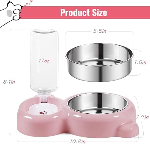 Dog Bowls, Cat Food and Water Bowl Set with Water Dispenser and Stainless Steel Bowl for Cats and Small Dogs - Pink thumbnail 5