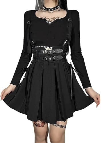 Womens Halter Pleated Skirts Tennis Skirts Skater Skirt Black Hight Waist Lace-Up Mini Skirt Gothic Clothes thumbnail 2