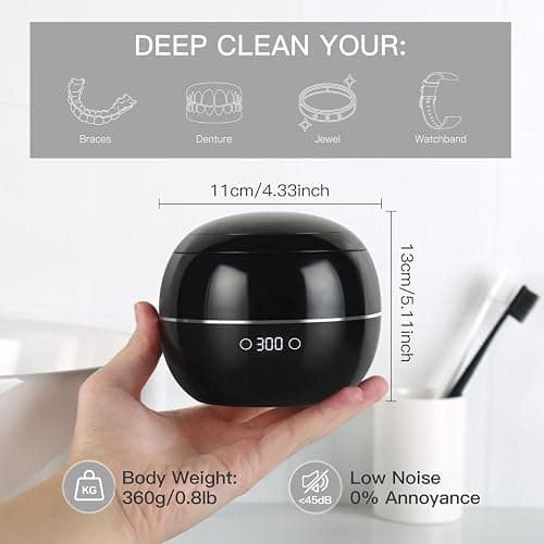 Dental Ultrasonic Retainer Cleaner Machine: 45kHz Dental Cleaning Pod for Denture, Aligner, Mouth Guard, Night Guard, Braces & Jewelry, UV Denture Cleaner with Digital Timer & Dual Mode 250ML Black thumbnail 5