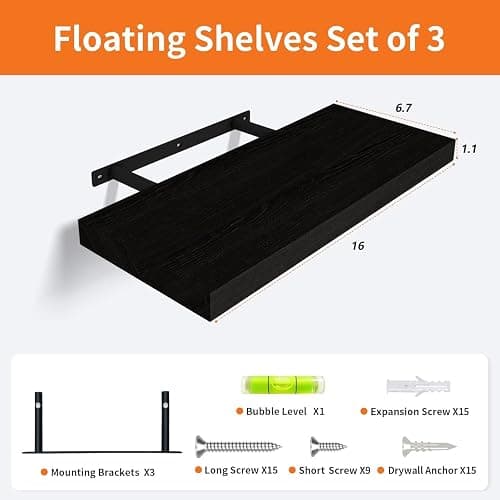 Upassion Floating Shelves for Wall Set of 3, 16" Black Wall Shelves for Home Decor, Frame Display Floating Shelf for Living Room, Bedroom, Bathroom, Kitchen thumbnail 3